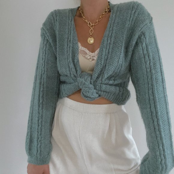 Vintage L.L. Bean Sage Green Mohair Cable Knit Cardigan Sweater - Picture 8 of 13